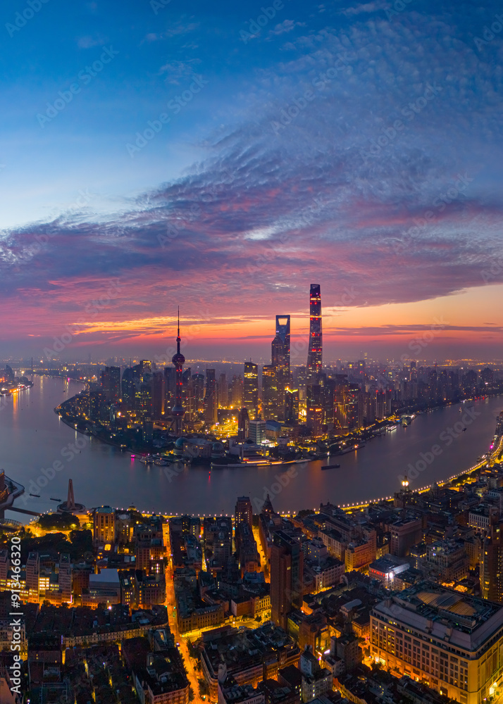 Obraz premium Aerial view of modern city skyline and buildings at sunrise in Shanghai