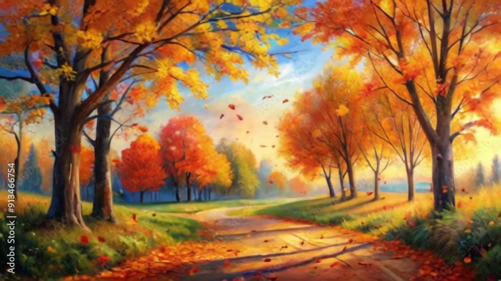 Artistic Autumn Landscape, Wind Blowing, Tree Branches Swaying, Yellowed Leaves Falling from Trees, Grass Waving Artistic Autumn Landscape, Wind Blowing, Tree Branches Swaying, Yellowed Leaves Falling from Trees, Grass Waving