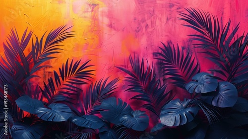 Vibrant Tropical Leaves Against an Abstract Colorful Sunset Background