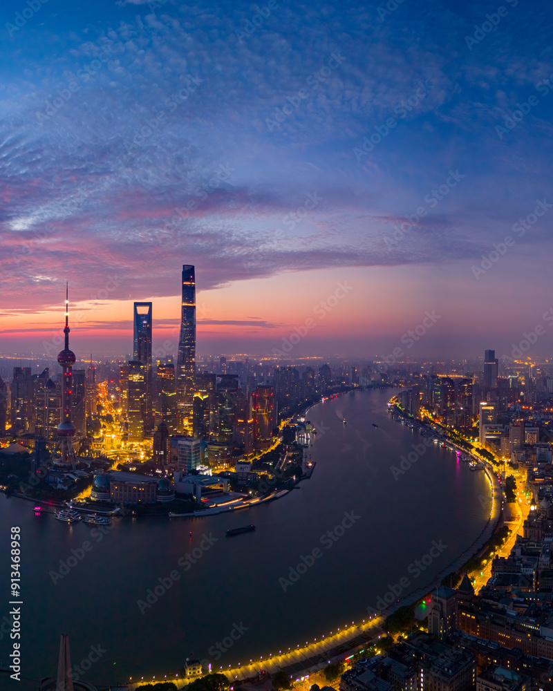 Fototapeta premium Aerial view of modern city skyline and buildings at sunrise in Shanghai