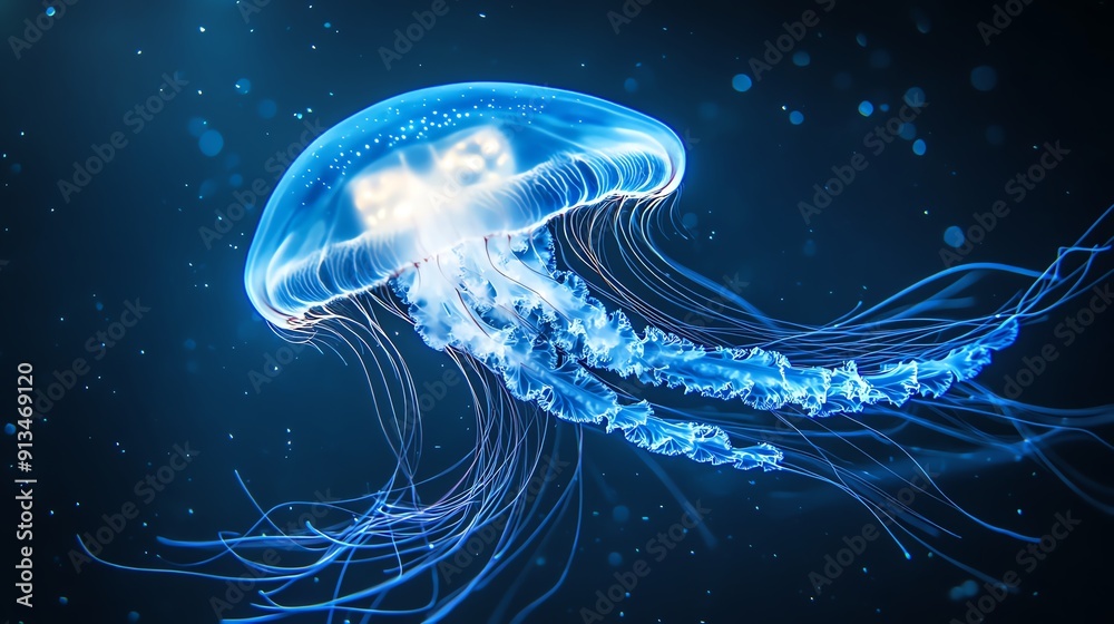 Vibrant blue jellyfish with glowing tentacles gracefully floating in dark ocean water, illuminated by light creating a mesmerizing underwater scene. Vibrant blue jellyfish with glowing tentacles gracefully floating in dark ocean water, illuminated by light creating a mesmerizing underwater scene.