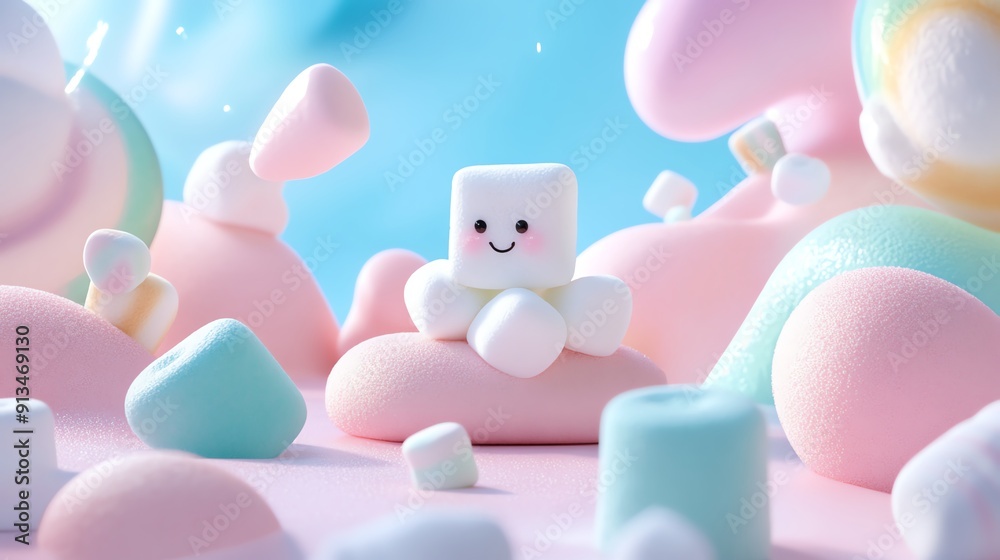 Cute and colorful marshmallow character surrounded by fluffy pastel sweets, evoking joy and nostalgia in a whimsical setting.