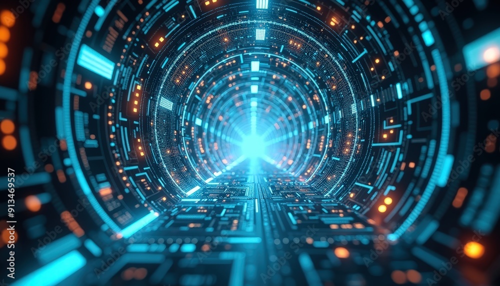 Fototapeta premium Futuristic Cyber Tunnel with Glowing Blue and Orange Lights.