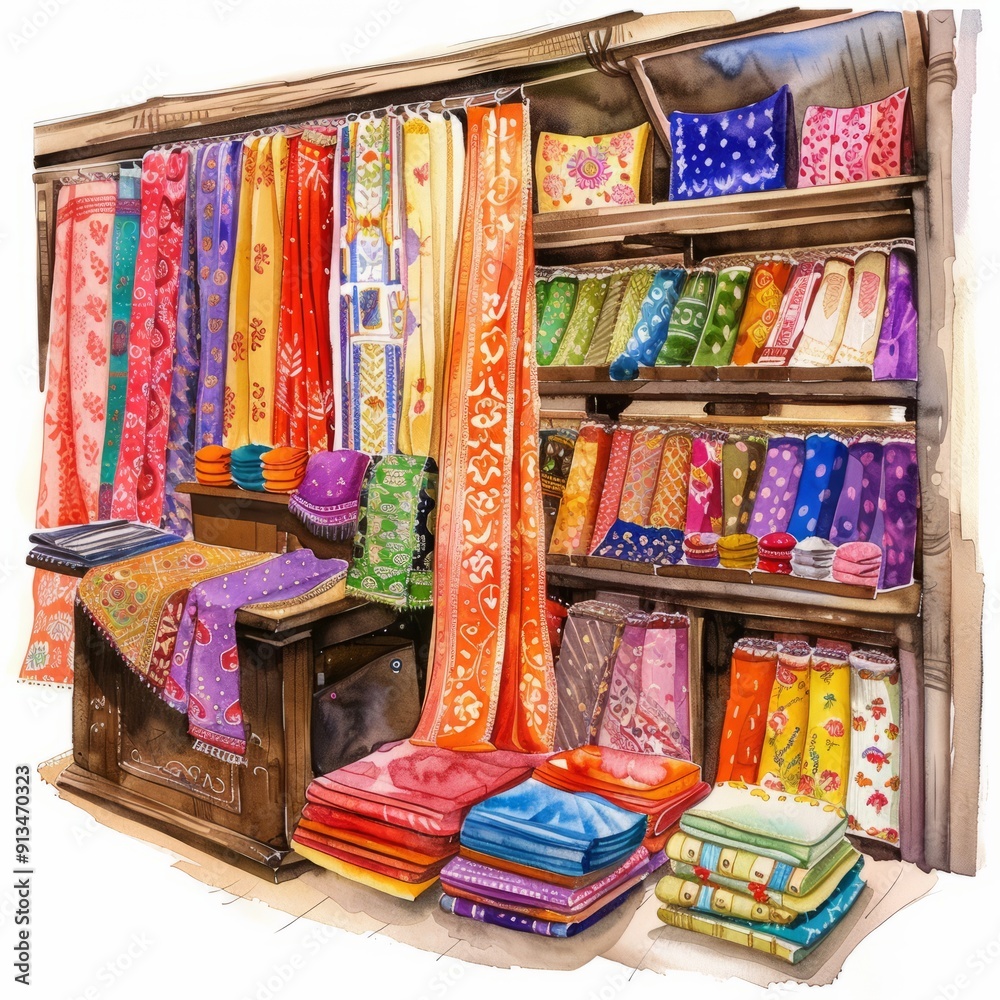 Fototapeta premium Watercolor painting of an Indian textile shop with rich, patterned fabrics, on isolated white background