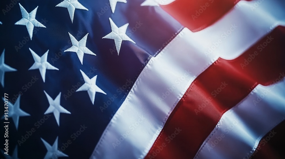 Fototapeta premium American flag fluttering in the wind, detailed shading and highlights to emphasize the movement and folds of the cloth