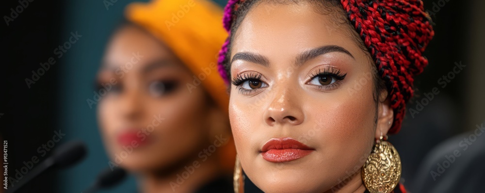 Obraz premium Close-up portrait of a confident woman with vibrant hair and bold earrings, showcasing empowerment and beauty.