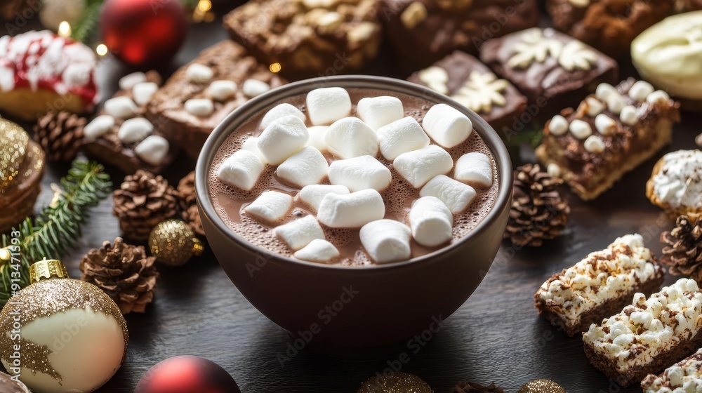 Closeup of hot chocolate with marshmallows, surrounded by holidaythemed treats and decor on a dark wood table