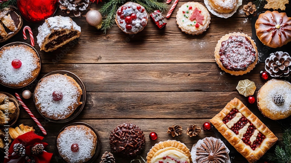 Rustic wooden table with holiday pastries, Holiday food, Festive treats Rustic wooden table with holiday pastries, Holiday food, Festive treats
