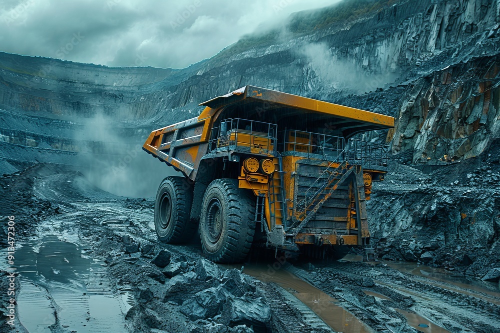 Massive excavator loading rocks into heavy mining truck in open pit coal mining operation Massive excavator loading rocks into heavy mining truck in open pit coal mining operation