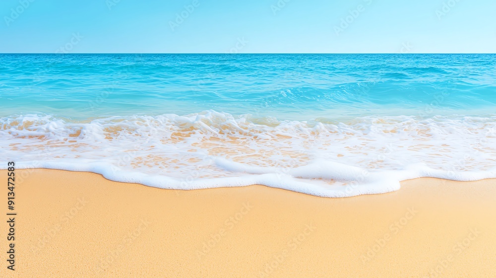 A serene beach landscape featuring gentle waves lapping against soft golden sand under a clear blue sky. A serene beach landscape featuring gentle waves lapping against soft golden sand under a clear blue sky.