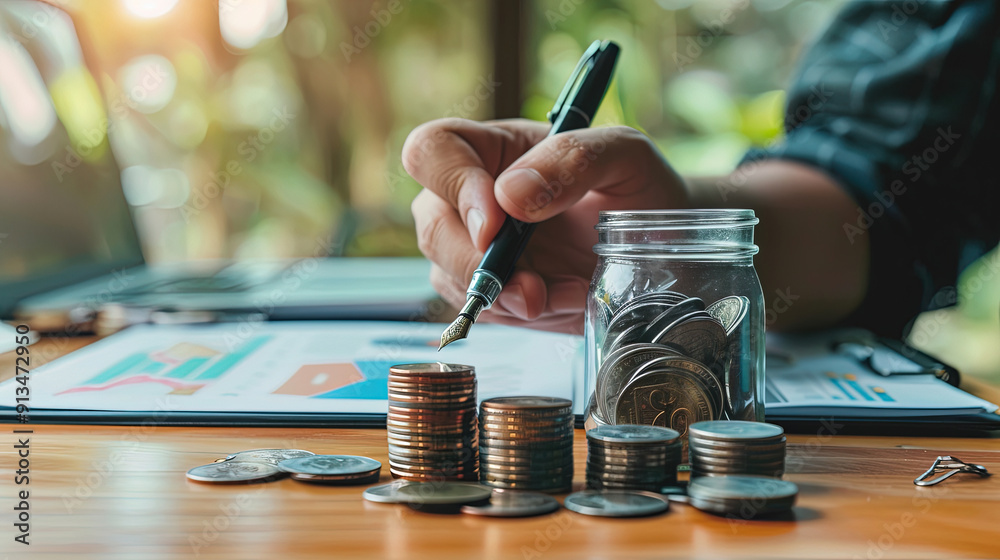 Fototapeta premium Businessman writing on notebook and put coins in glass jar with interest room sign text for loop ecology growth graphic.
