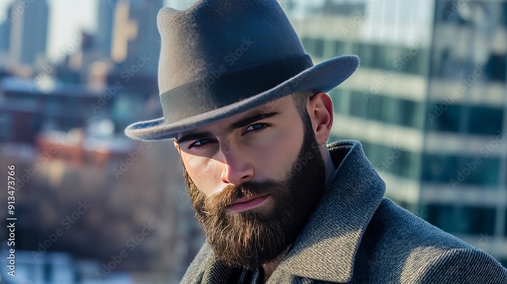 A man with a wellgroomed beard and a stylish winter hat, posing confidently against a city backdrop A man with a wellgroomed beard and a stylish winter hat, posing confidently against a city backdrop