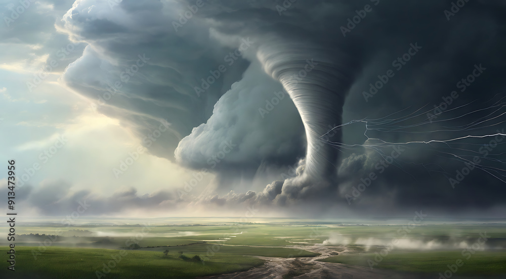 Illustration of a Tornado Swirling Over a Vast Landscape, with Detailed ...
