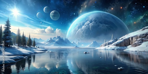 Snow and water world with a beautiful outer space spacepunk spacescape background. . Digital matte painting, snow photo