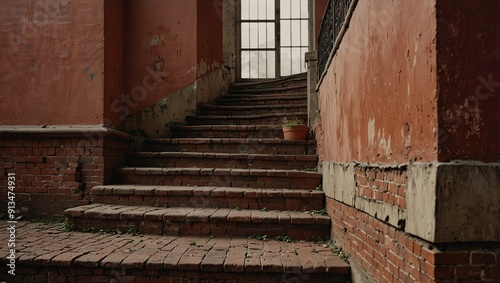 Aged red brick stairs against stucco background
