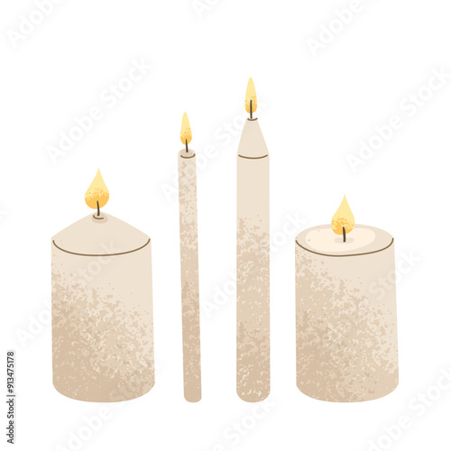 Set of burning candles of different shapes. Creating a cozy and romantic atmosphere in the house. Interior decoration and aromatherapy. Vector illustration isolated on a transparent background