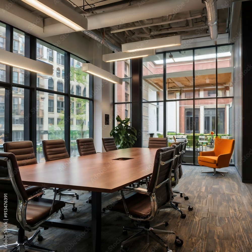 Modern Conference Room with Large Windows and Orange Chair Modern Conference Room with Large Windows and Orange Chair