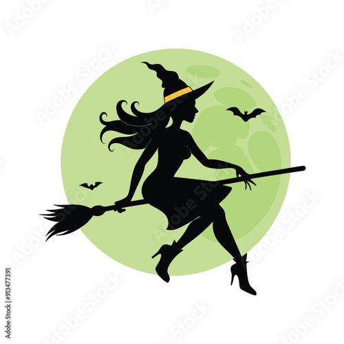 Silhouette of a Witch on a Broomstick Vector Illustration.