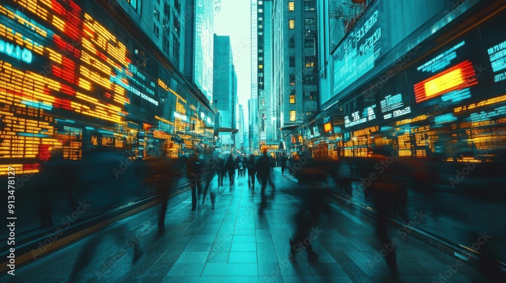 Fototapeta premium Cityscape Symphony: Stock Market Data Illuminates the Night