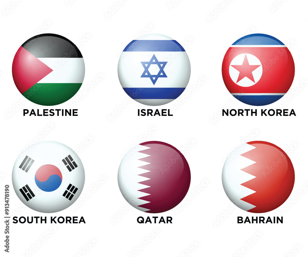 Set of 6 Asian Countries Realistic 3d flags in round shape icons. Asian flags are isolated on a white background. Vector illustration. Set 5 Set of 6 Asian Countries Realistic 3d flags in round shape icons. Asian flags are isolated on a white background. Vector illustration. Set 5