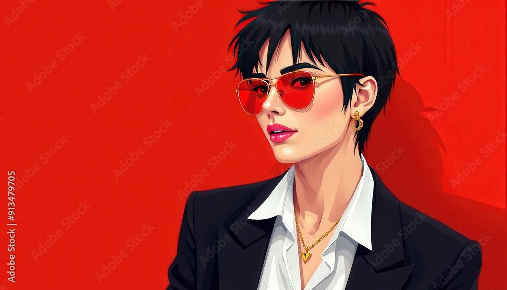 Woman in red sunglasses and black suit against red background. Woman in red sunglasses and black suit against red background.
