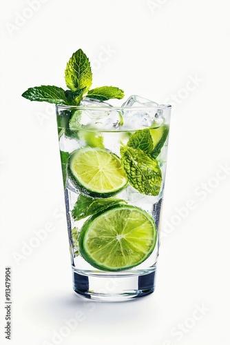 Refreshing Classic Mojito Cocktail on Minimalist White Background