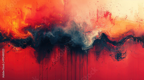 A painting of a red and black wave with splatters of paint. The painting has a mood of chaos and destruction