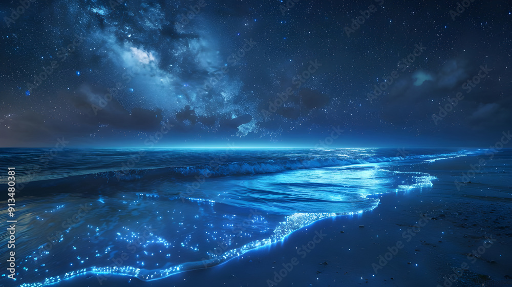 Bioluminescent Waves Under Starry Sky. Bioluminescent Waves Under Starry Sky.