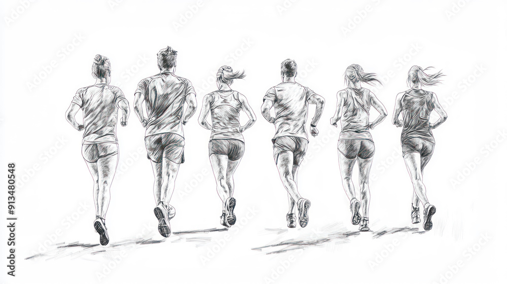 Pencil sketch outline of a group people exercise workout together Pencil sketch outline of a group people exercise workout together