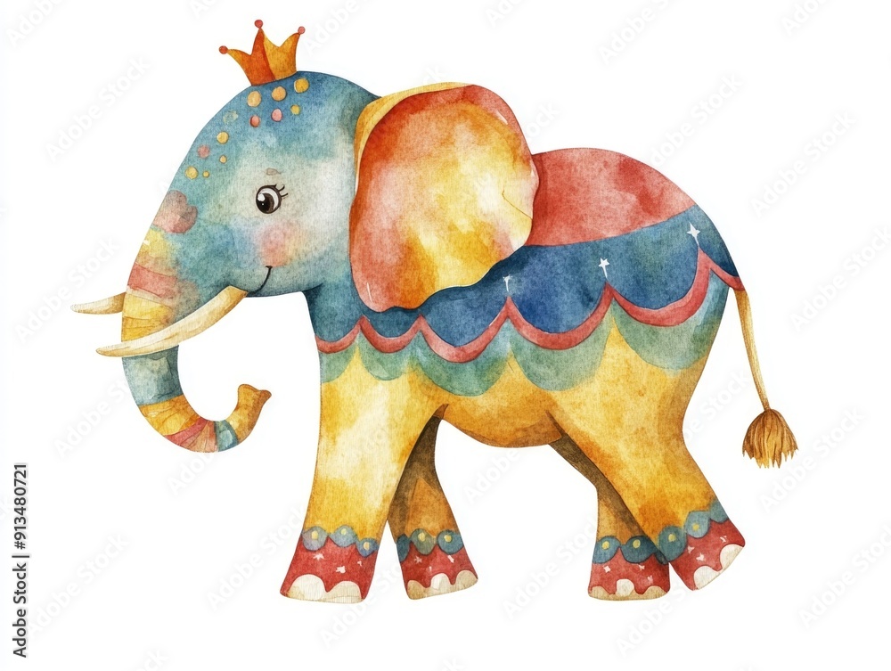 Obraz premium A charming and vibrant watercolor depicting a cheerful playful circus elephant performing various acrobatic tricks and entertaining the audience in a festive colorful setting