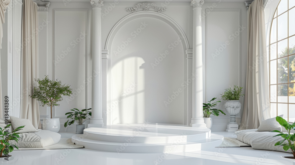 A white room with a white archway and a gold statue in the middle. The room is decorated with plants and has a minimalist design A white room with a white archway and a gold statue in the middle. The room is decorated with plants and has a minimalist design