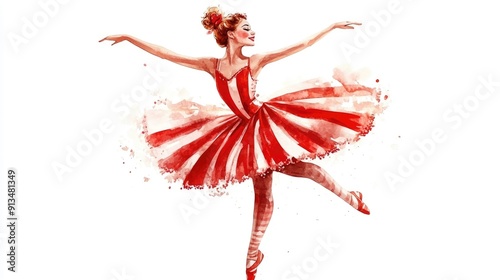 Captivating watercolor depicting a charming circus ballerina dancer performing a graceful acrobatic routine on a white background  The ballerina s elegant movements and whimsical photo