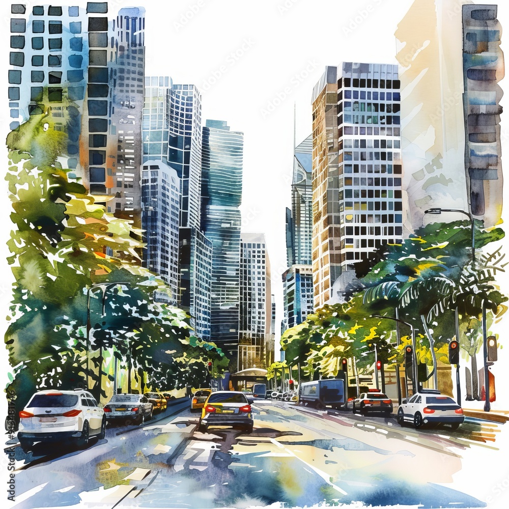Obraz premium Watercolor painting of a city avenue with tall skyscrapers in the background, on isolated white background