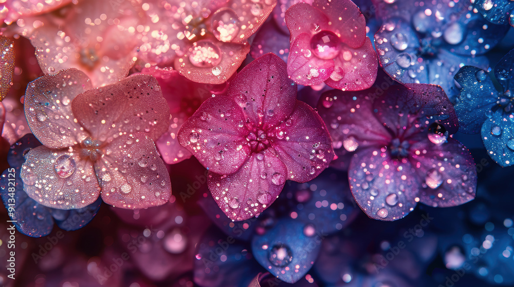 A close up of a beautiful flower with a blue and pink hue. The flower is surrounded by water droplets, giving it a fresh and vibrant appearance A close up of a beautiful flower with a blue and pink hue. The flower is surrounded by water droplets, giving it a fresh and vibrant appearance