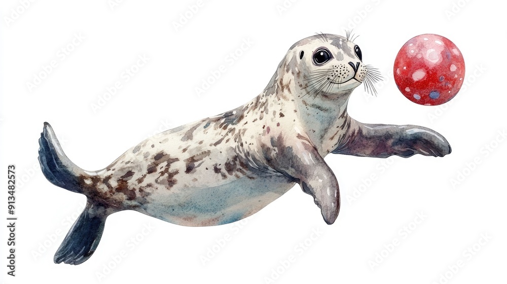 Whimsical watercolor of a playful circus seal character balancing a ...