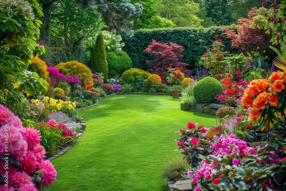 Vibrant Garden in Full Bloom Showcasing Diverse Flowers and Lush Greenery During Sunny Daylight Vibrant Garden in Full Bloom Showcasing Diverse Flowers and Lush Greenery During Sunny Daylight