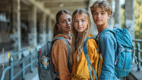 Students in casual clothes with backpacks on their shoulders indoors