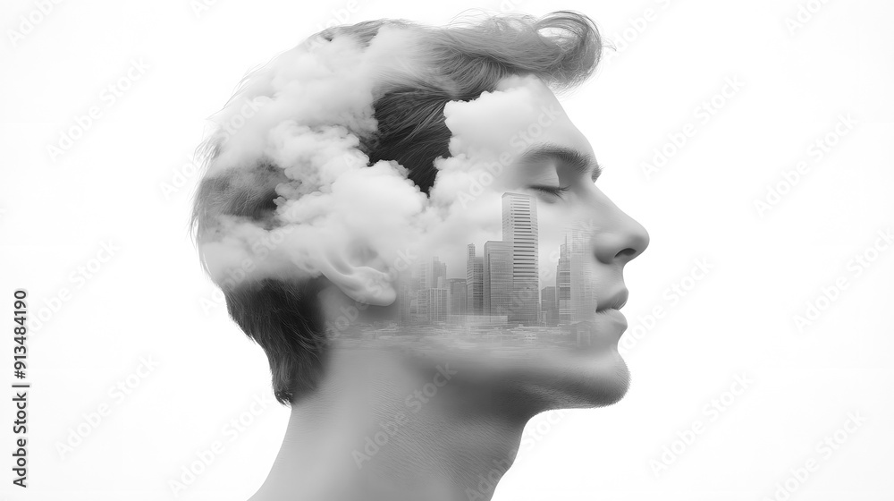 Double exposure of a man with urban architecture and smoke, in monochrome. The pervasive issue of city pollution, isolated on a white background, urban air pollution and environmental concerns.
