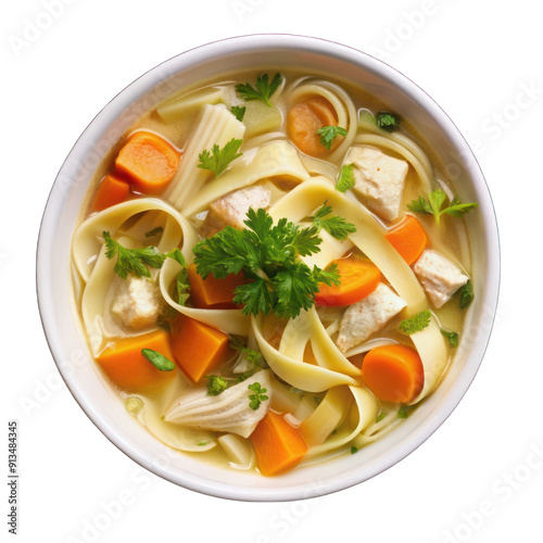 Chicken noodle soup on white bowl top view isolated on transparent background