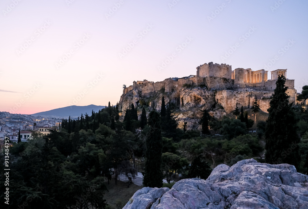 Sunrise view of the Acropolis of Athens, a historic fortress on a rocky ...