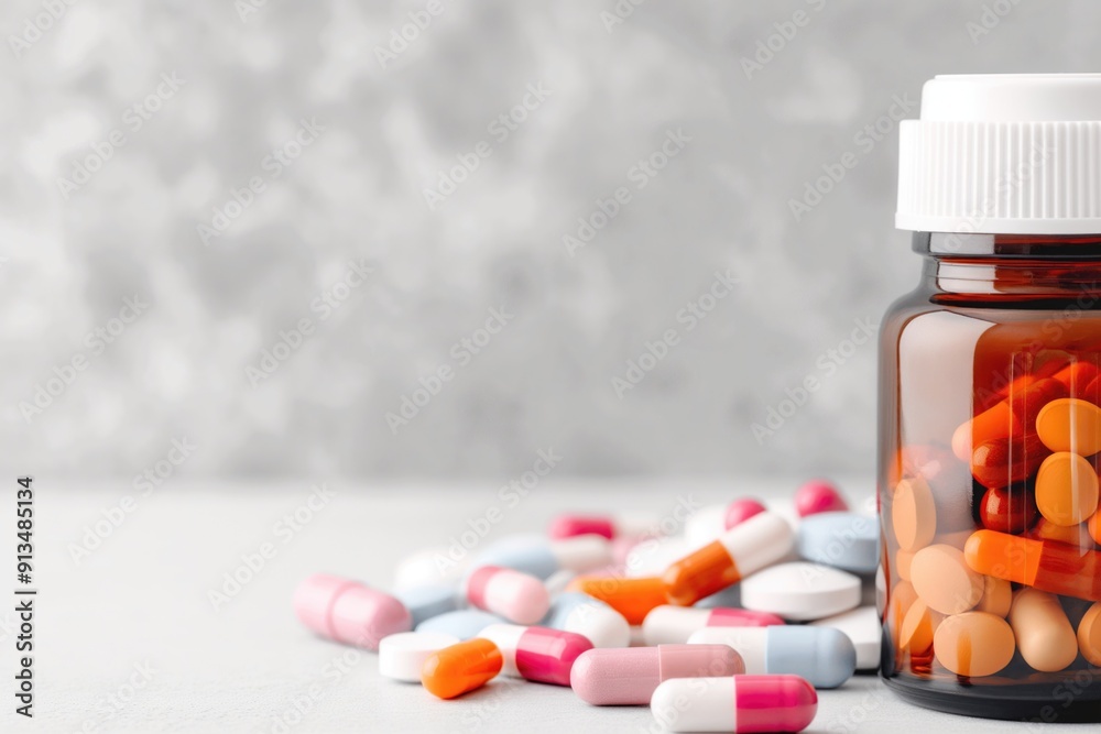 Prescription Medication Bottle with Spilled Pills on Table Prescription Medication Bottle with Spilled Pills on Table