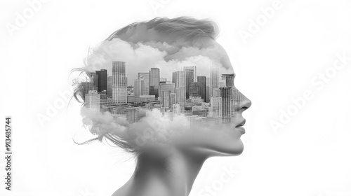 A woman with buildings and smoke in double exposure, urban pollution. The isolated composition on a white background emphasizes the stark contrast between nature and industrialization in monochrome.