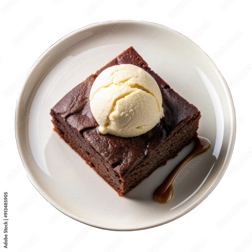Chocolate brownie cake with vanilla ice cream on white plate on transparent