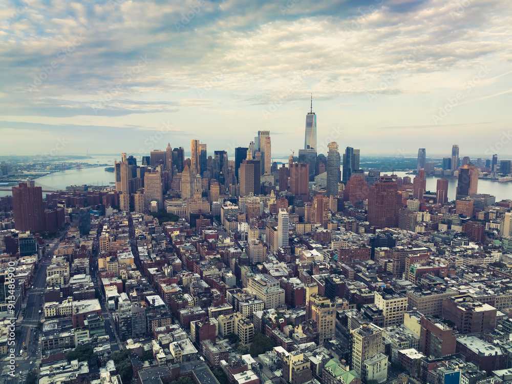 Fototapeta premium New York City Aerial Cityscape with Manhattan Landmarks, Skyscrapers and Residential Buildings. 