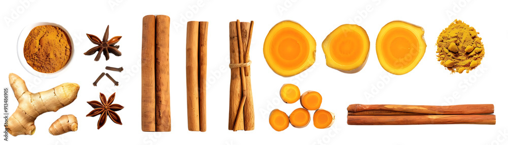 Turmeric, Cinnamon, Star Anise, and Cloves: A Blend of Flavors with Transparent Background Turmeric, Cinnamon, Star Anise, and Cloves: A Blend of Flavors with Transparent Background