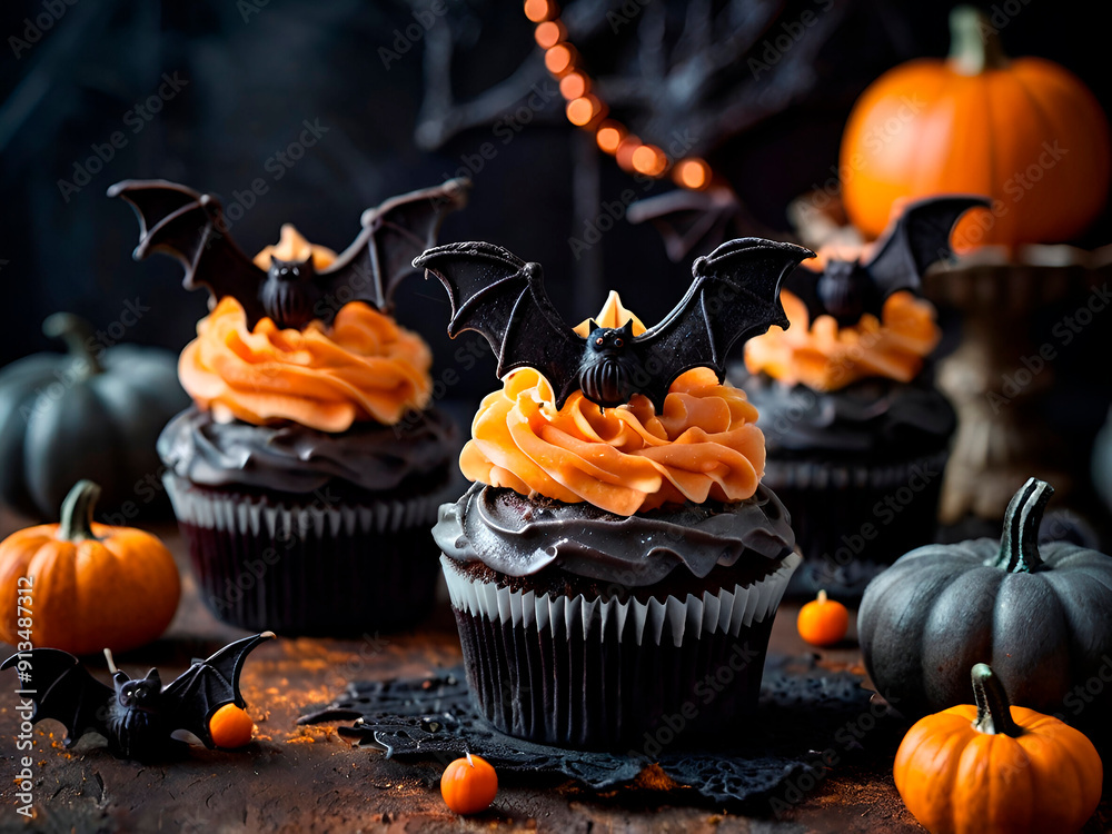 Spooky bat cupcakes with ghostly frosting and pumpkin decorations, against a blurry Halloween theme background. Spooky bat cupcakes with ghostly frosting and pumpkin decorations, against a blurry Halloween theme background.