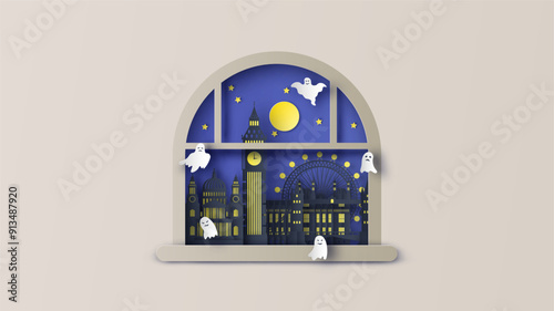 Illustration of London city on Halloween night. London's famous architecture on Halloween night. paper cut and craft style. vector, illustration.