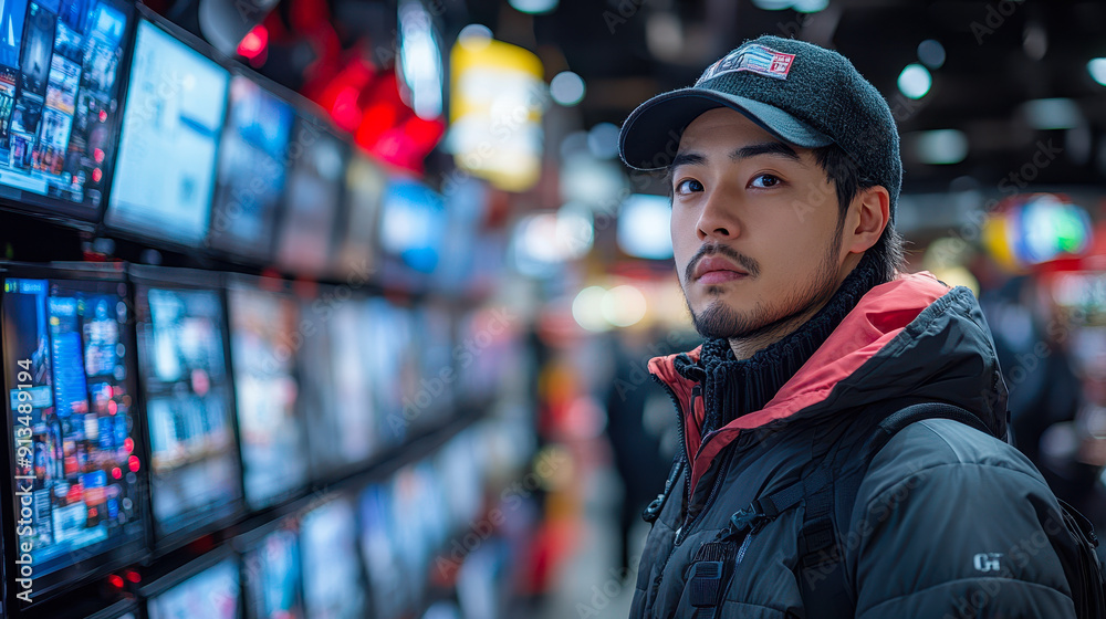 Young Man in Electronics Store, Focused on Security Against Theft, Wearing Warm Jacket and Cap, Evening Shopping Experience, Vigilant Shopper in Technology Retail Environment Young Man in Electronics Store, Focused on Security Against Theft, Wearing Warm Jacket and Cap, Evening Shopping Experience, Vigilant Shopper in Technology Retail Environment