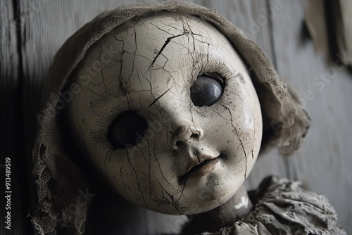 A haunted doll with cracked porcelain face on an old attic background