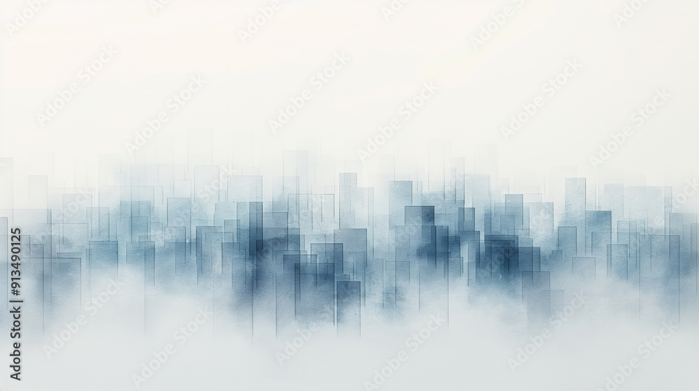 A city skyline is shown in shades of blue and gray A city skyline is shown in shades of blue and gray
